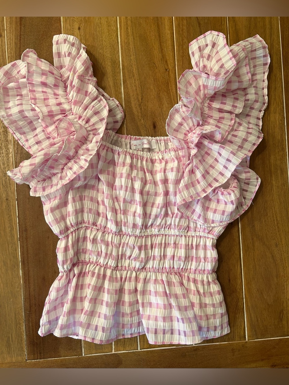 Meet me in Santorini Gingham Ruffle Top. Small.